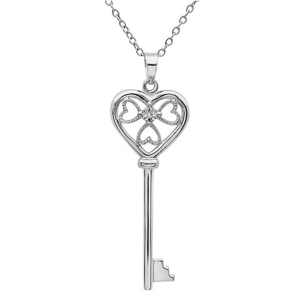 Gold Plated Sterling Silver & Genuine Diamond 18 Inch Heart Key Necklace
